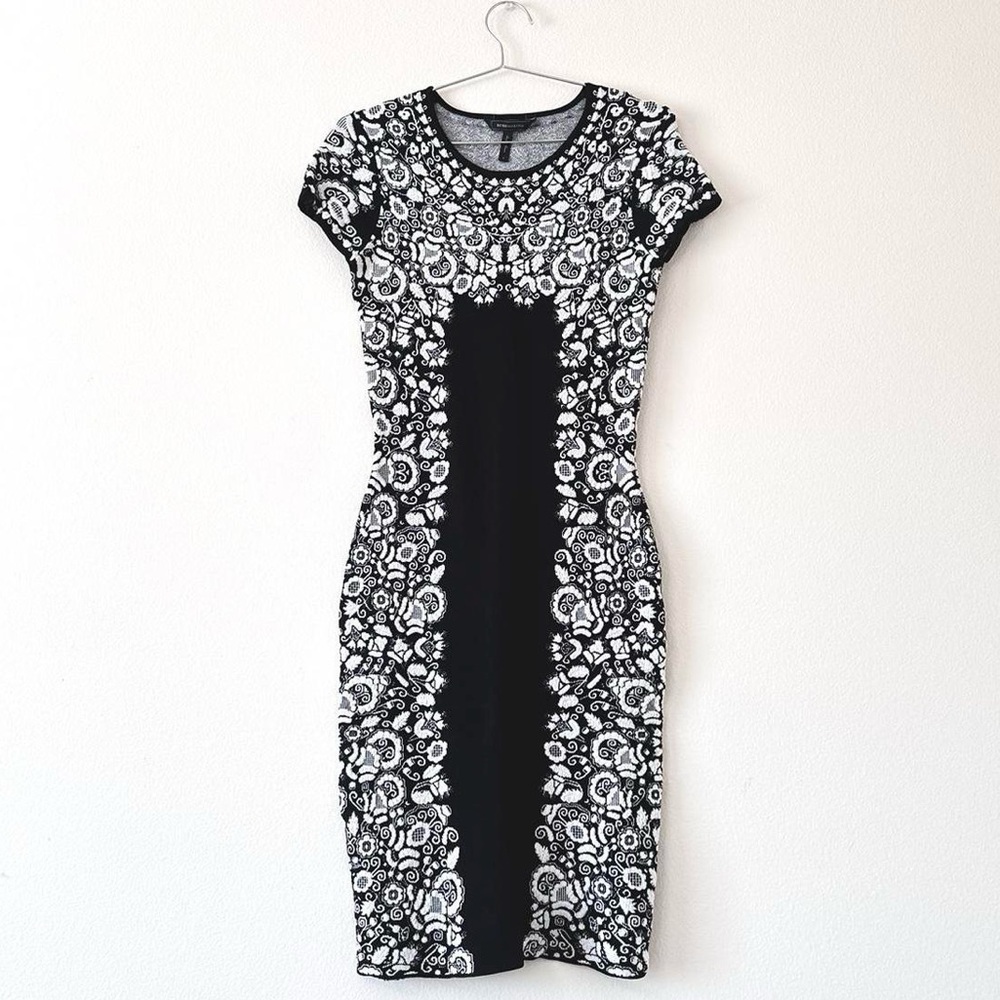BCBG, black and white embroidered bodycon, mini dress